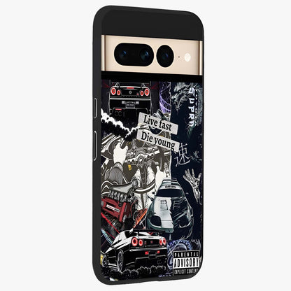 Die Young Glass Case upright view showcasing striking typography artwork with modern statement theme.