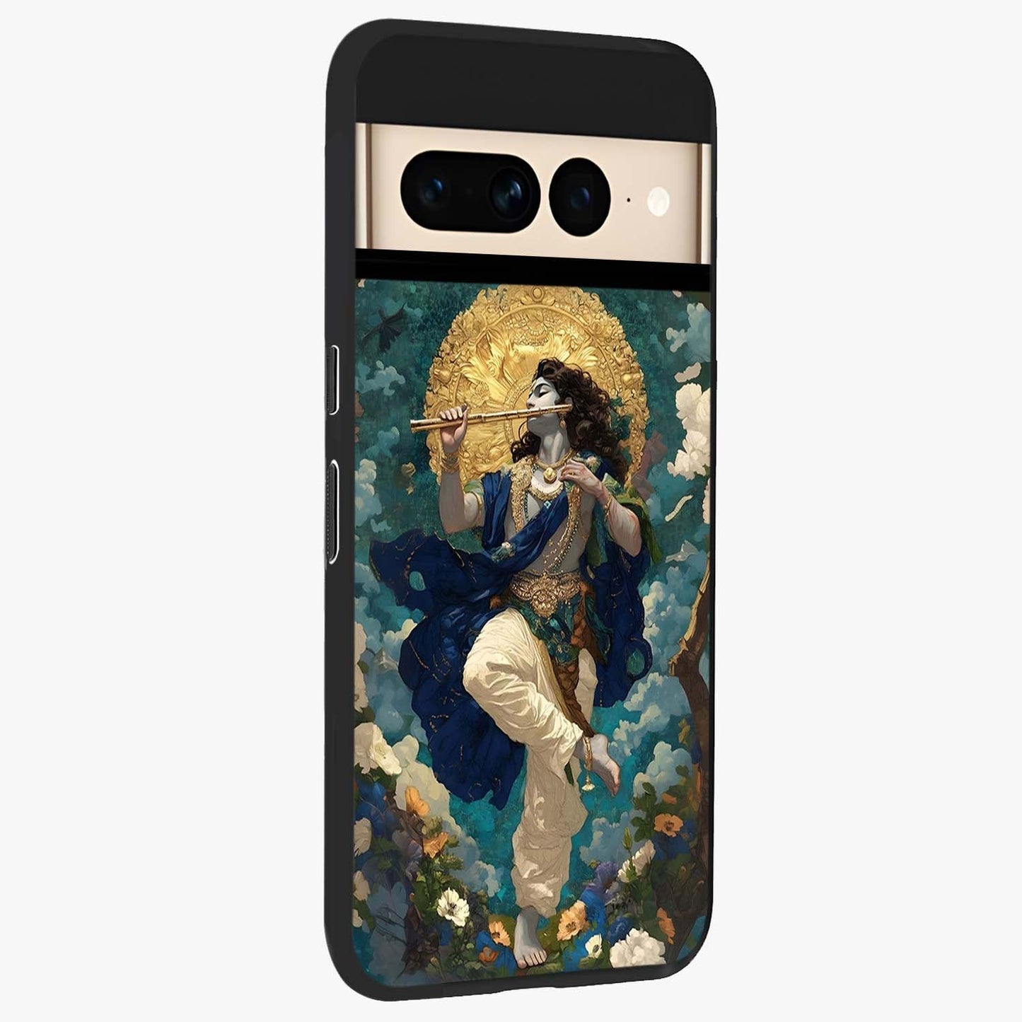Divine Krishna Art Glass Case upright view showcasing divine Krishna artwork with sacred artistic theme.