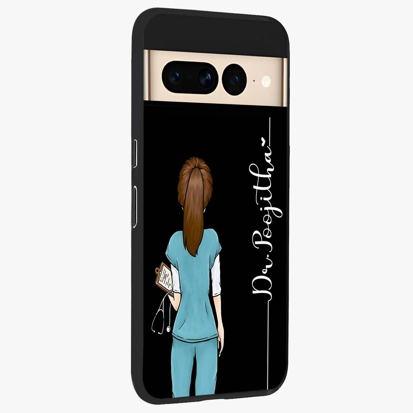 Doctor Pattern Custom Name Glass Case upright view showcasing healthcare themed design with personalized aesthetic.