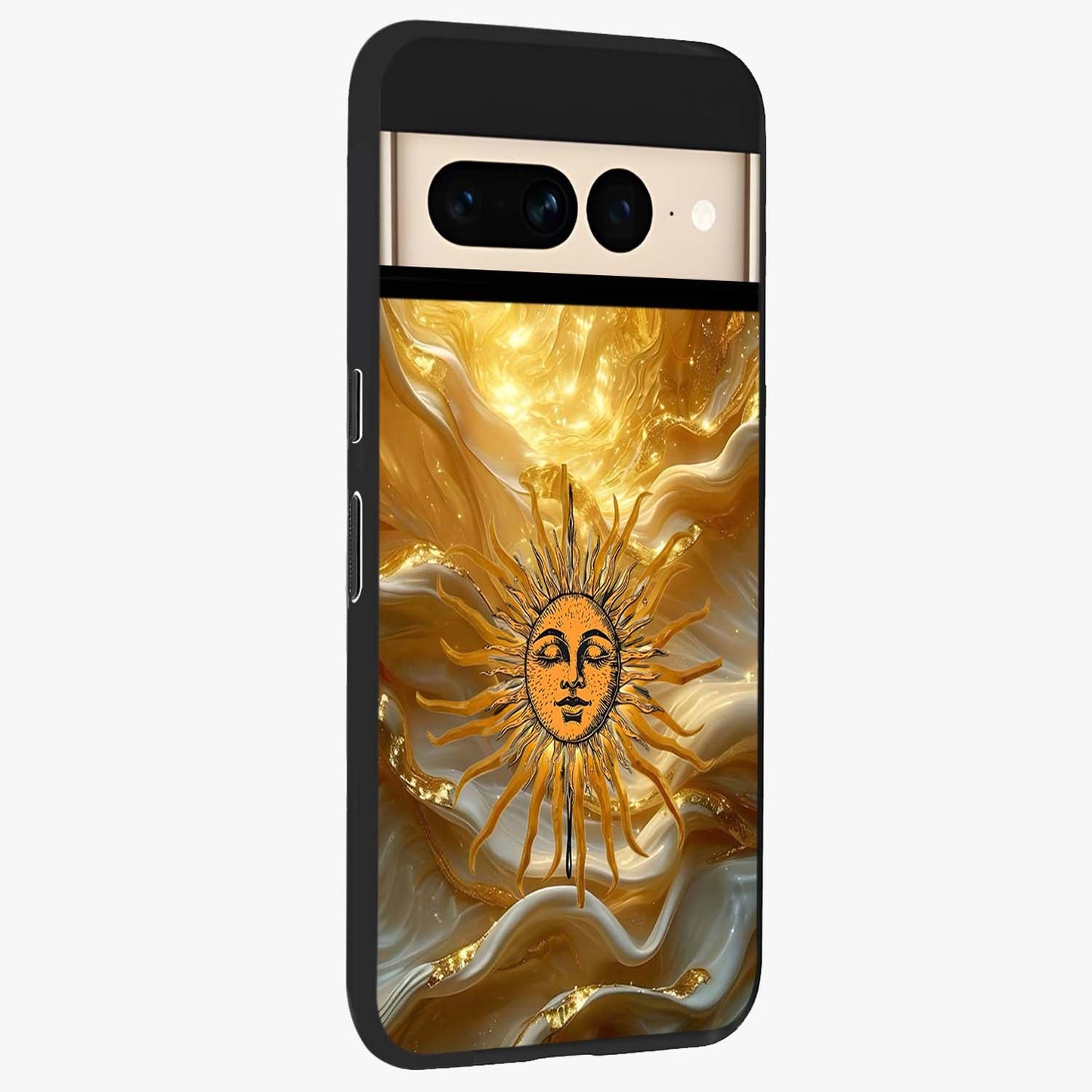 Eternal Golden Glow Glass Case upright view showcasing luminous golden artwork with luxurious visual theme.