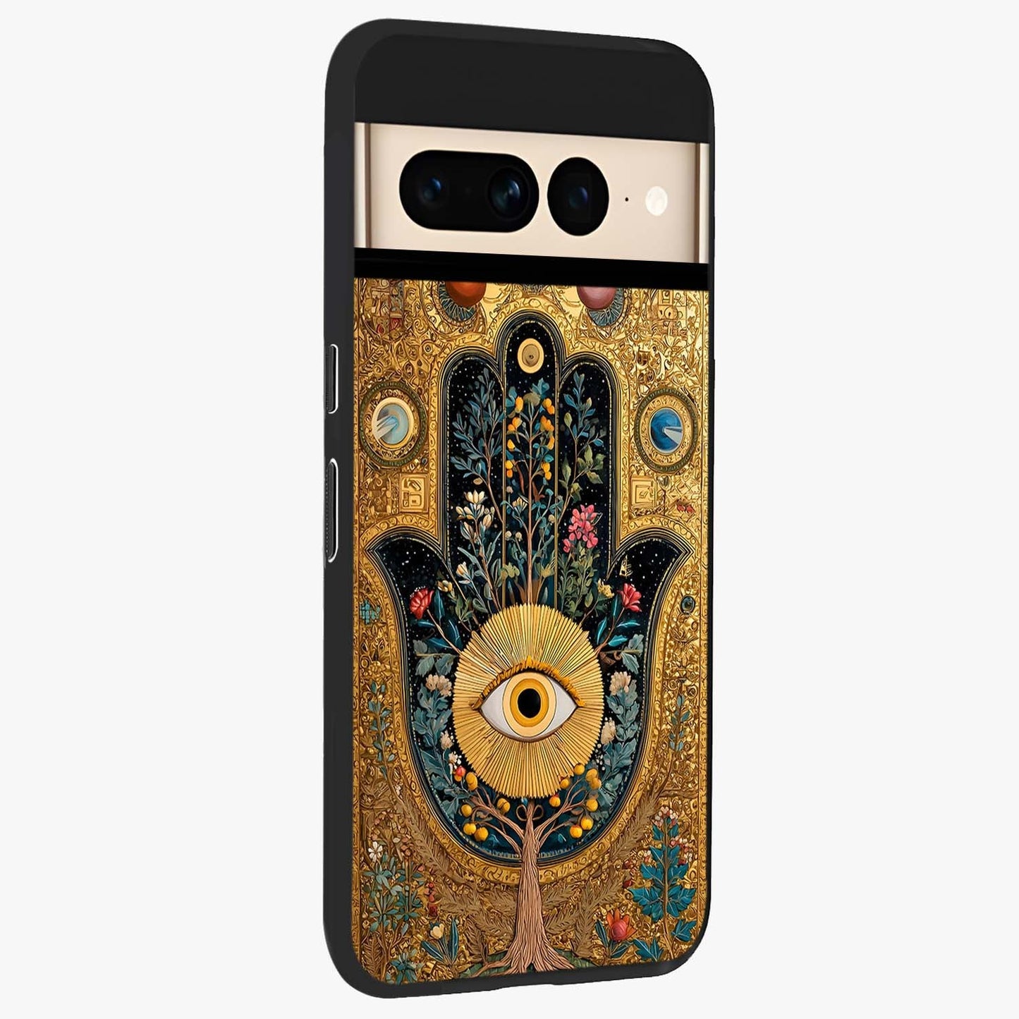 Ethereal Evil Eye Glass Case upright view showcasing celestial evil eye artwork with mystical theme.