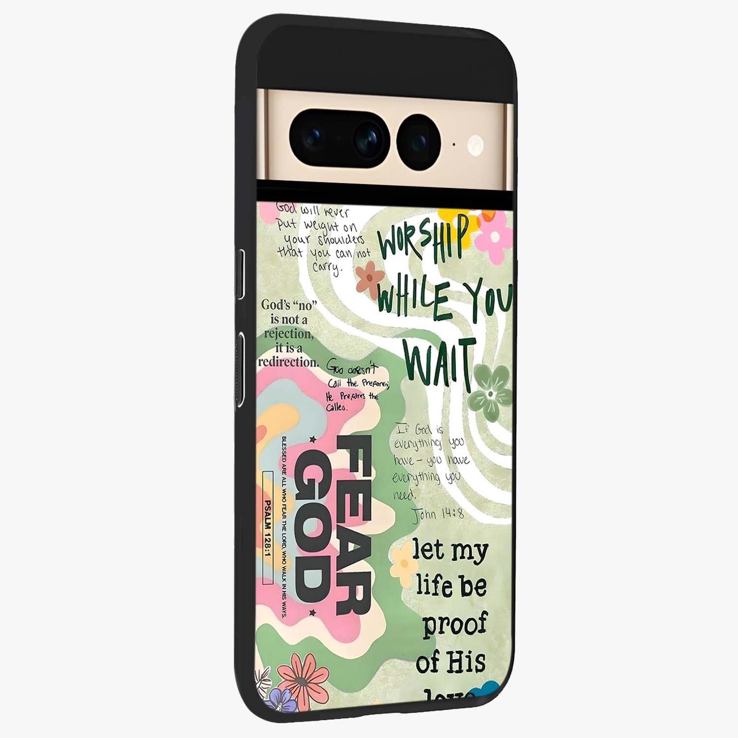 Faith Over Fear Glass Case upright view showcasing bold typography artwork with uplifting motivational theme.