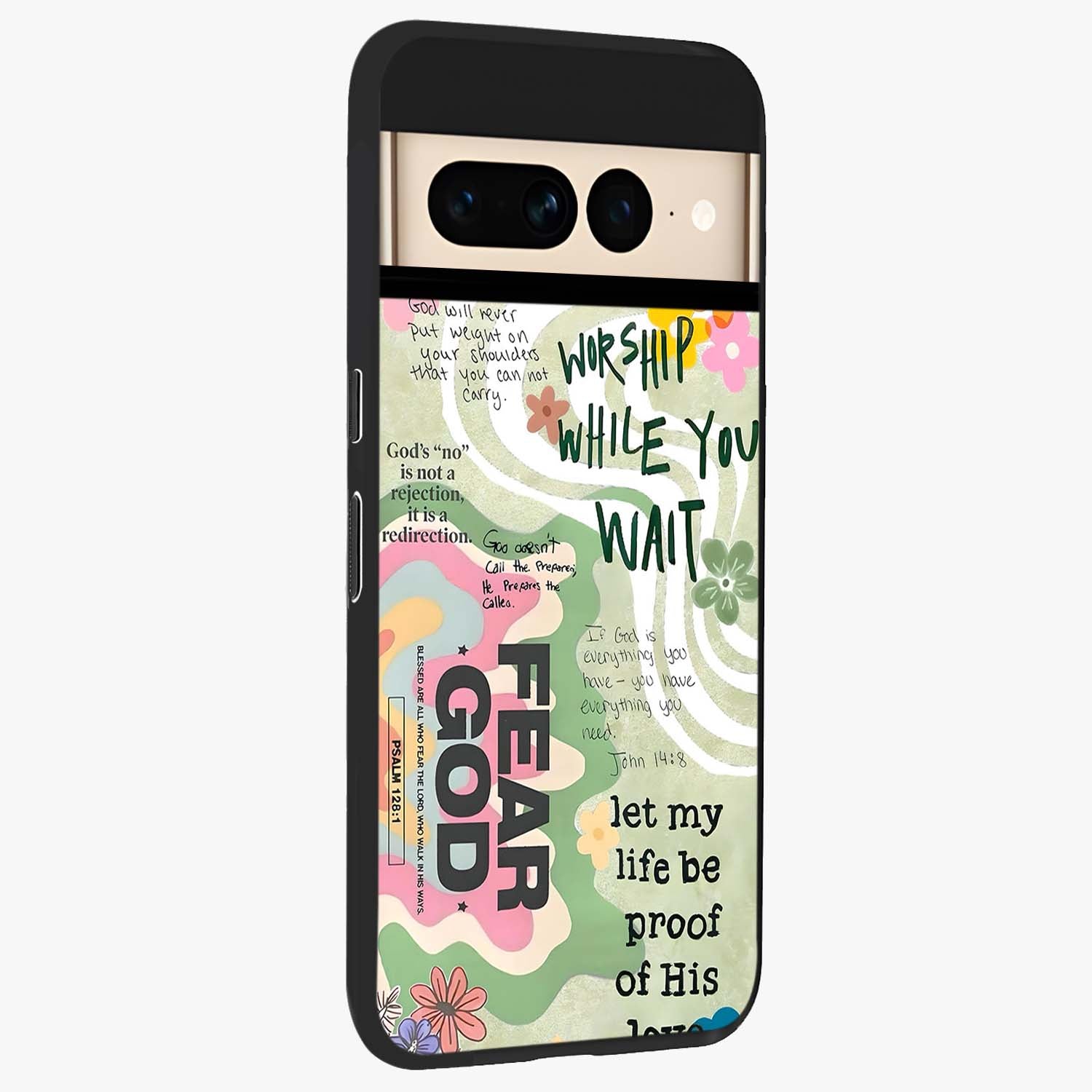 Faith Over Fear Glass Case upright view showcasing bold typography artwork with uplifting motivational theme.