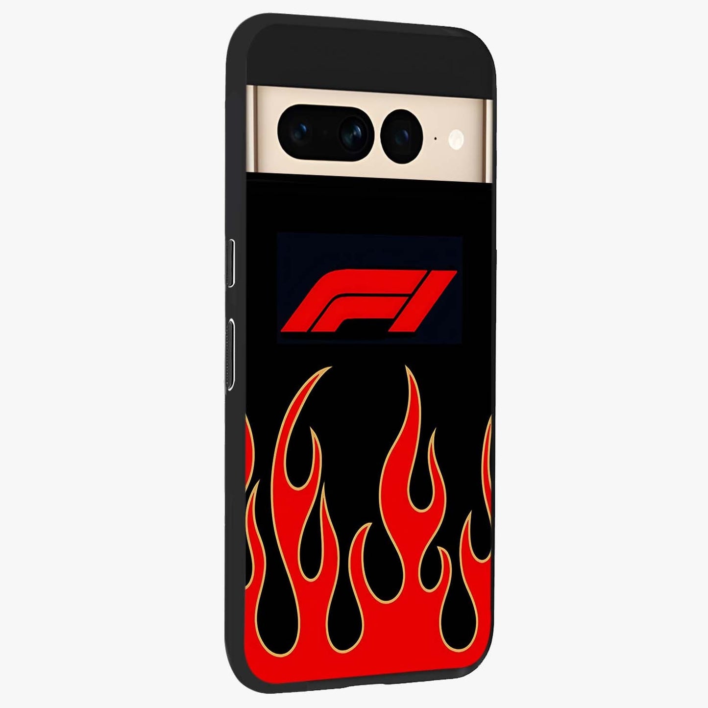 Fire F11 Glass Case upright view showcasing dynamic flame artwork with intense visual theme.