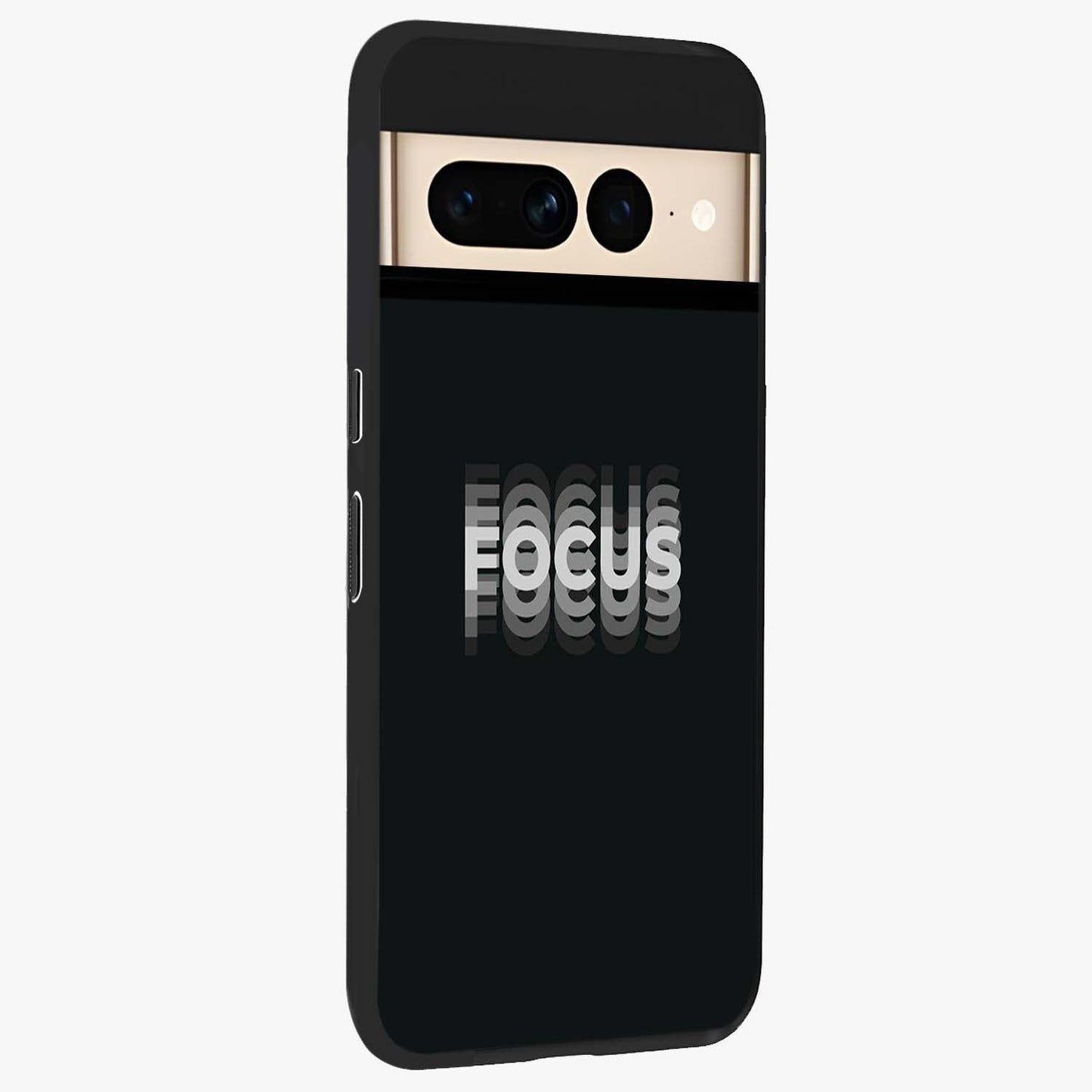 Focus Mode On Glass Case upright view showcasing strong typography statement with sleek motivational theme.