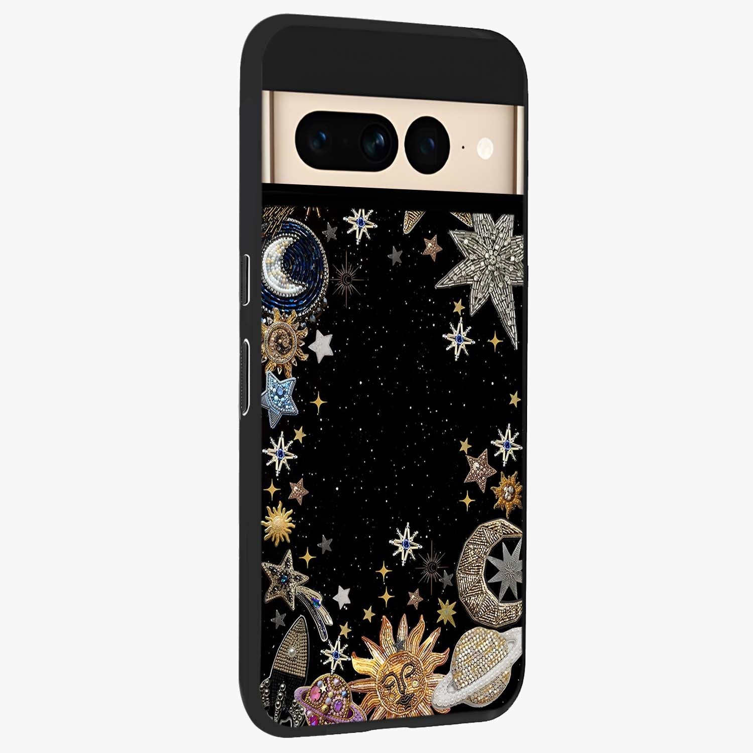 Galactic Jewel Stars Glass Case upright view showcasing glittering star jewel artwork with vibrant galaxy theme.