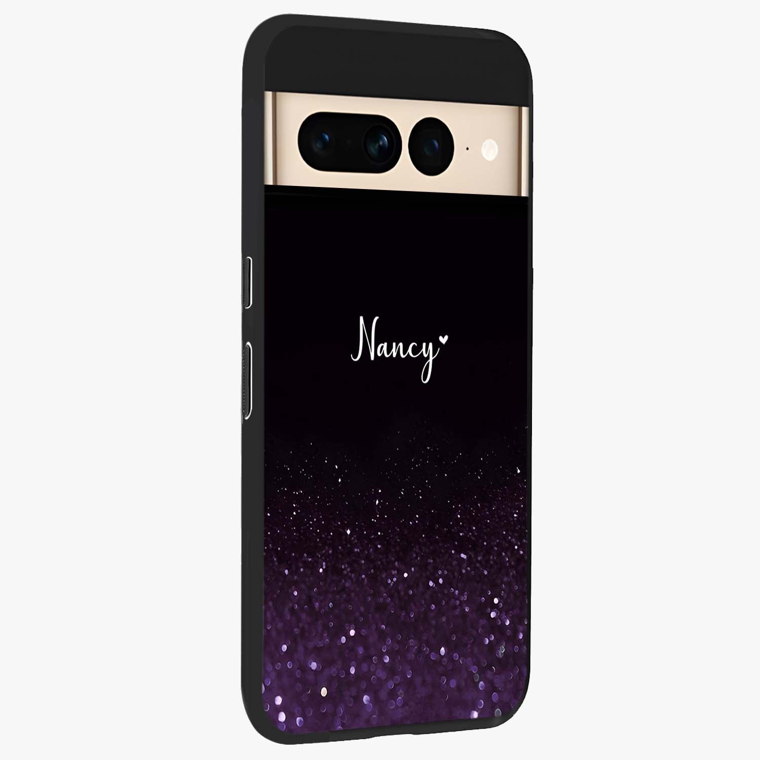 Glittery Purple Bokeh Custom Name Glass Case upright view showcasing vibrant purple sparkle artwork with personalized aesthetic style.