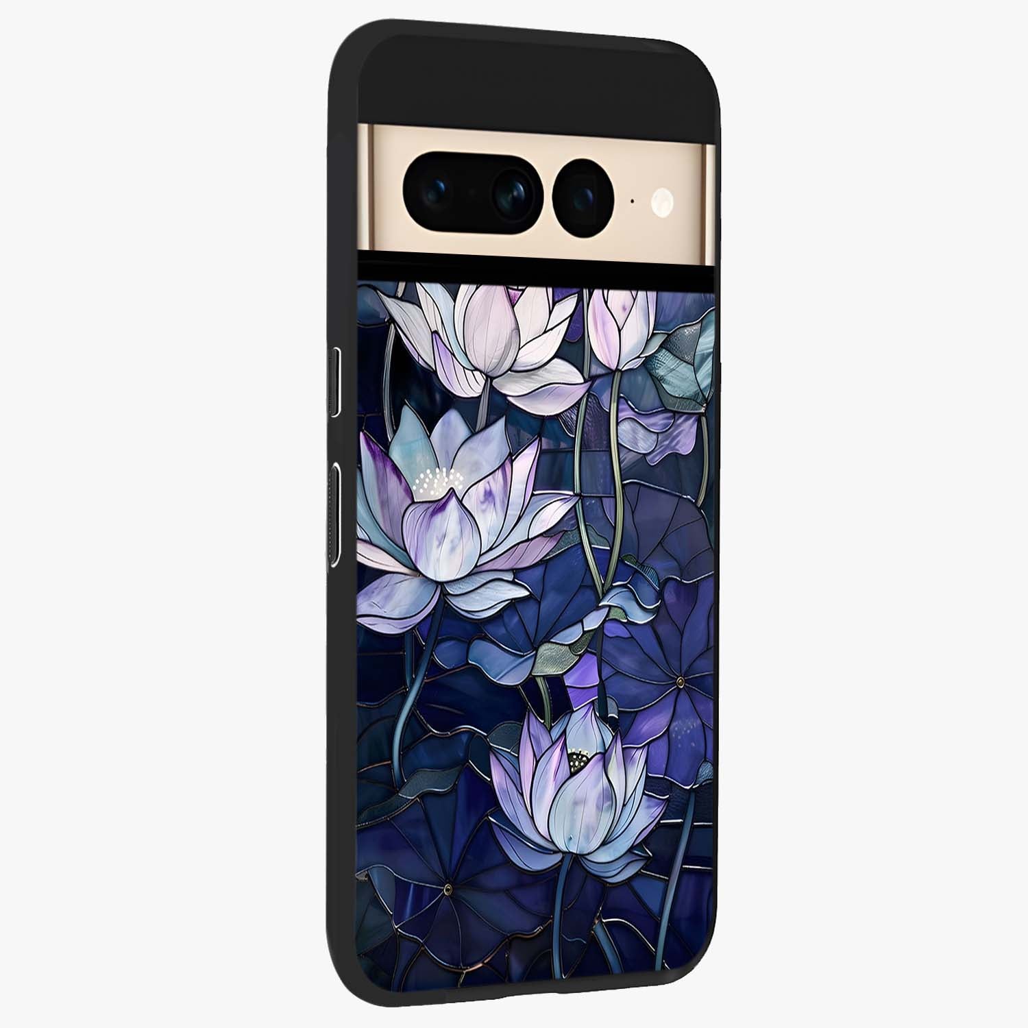 Gloss Petal Rush Glass Case upright view showcasing dynamic floral petal artwork with modern botanical theme.