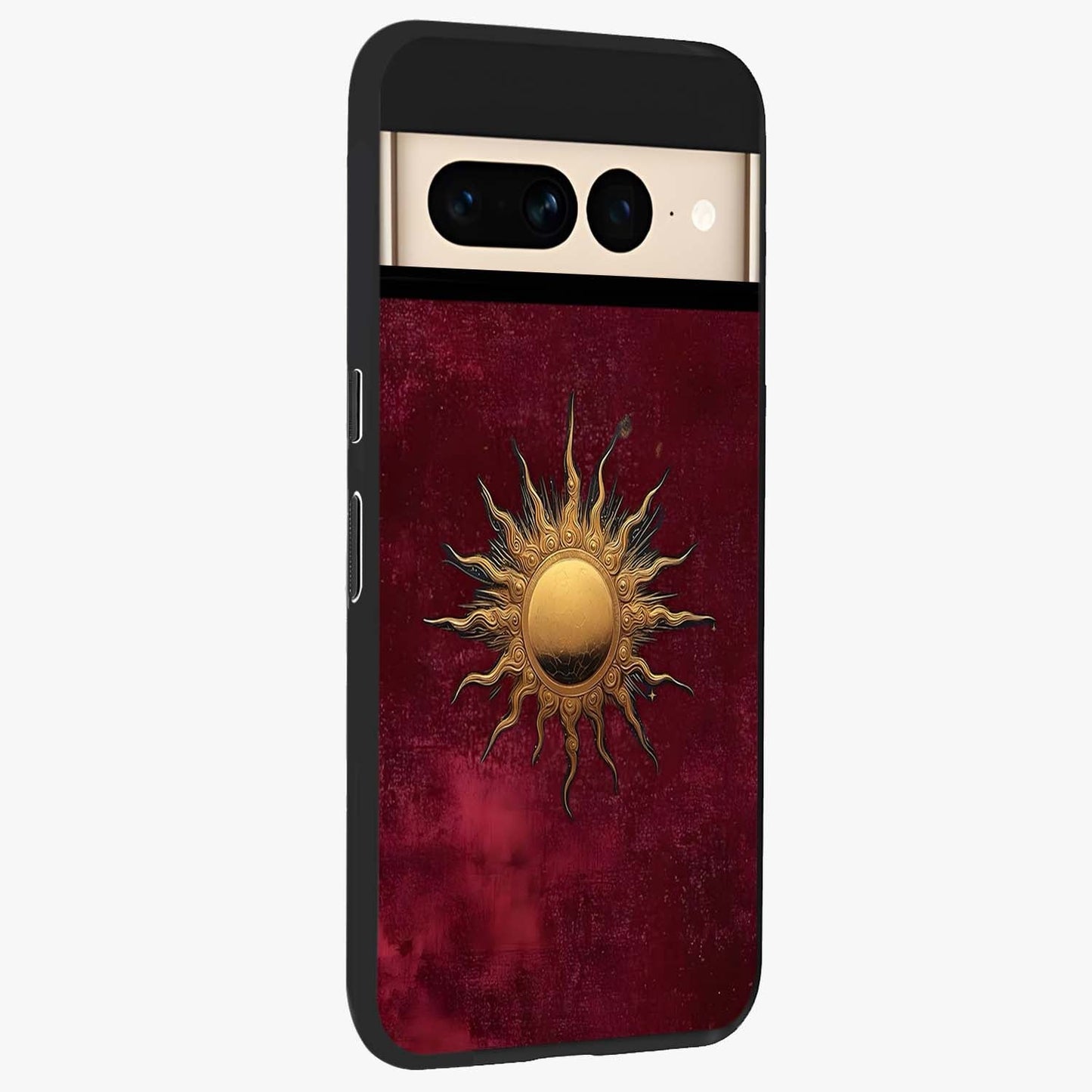 Golden Sun Minimalism Glass Case upright view showcasing simple golden sun artwork with elegant minimalist style.