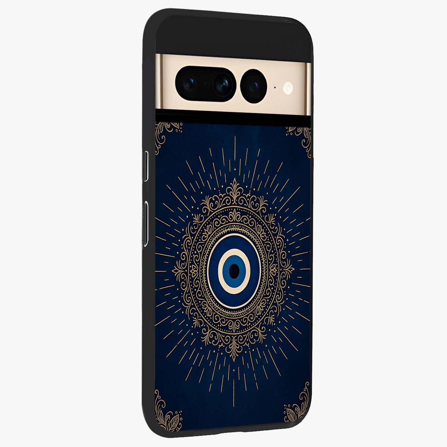Golden Celestial Charm Glass Case upright view showcasing radiant celestial artwork with elegant golden theme.