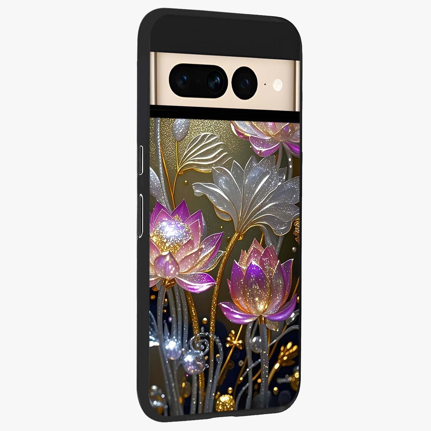 Golden Floral Majesty Glass Case upright view showcasing majestic floral artwork with rich decorative theme.
