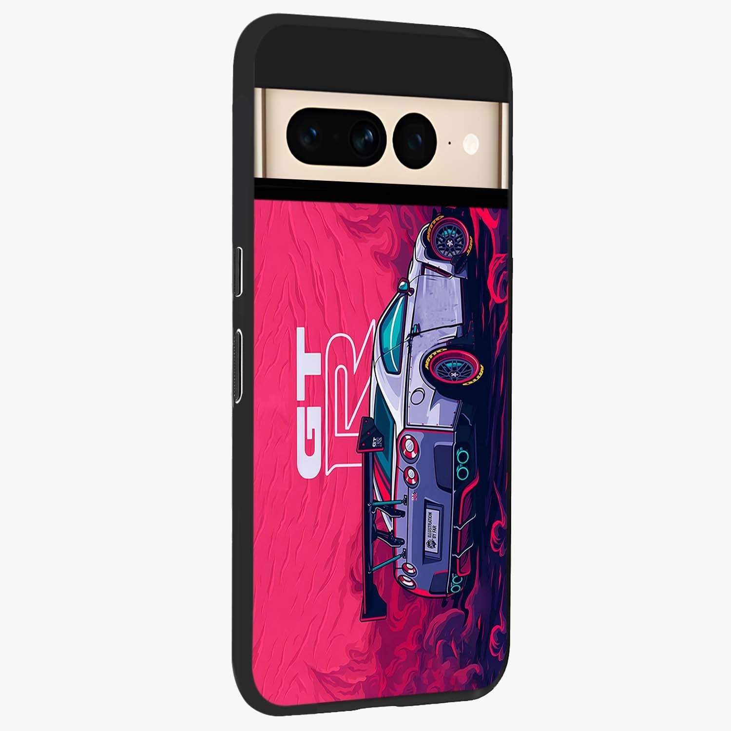 GT-R Car Pattern Glass Case upright view showcasing dynamic car pattern artwork with modern sports theme.