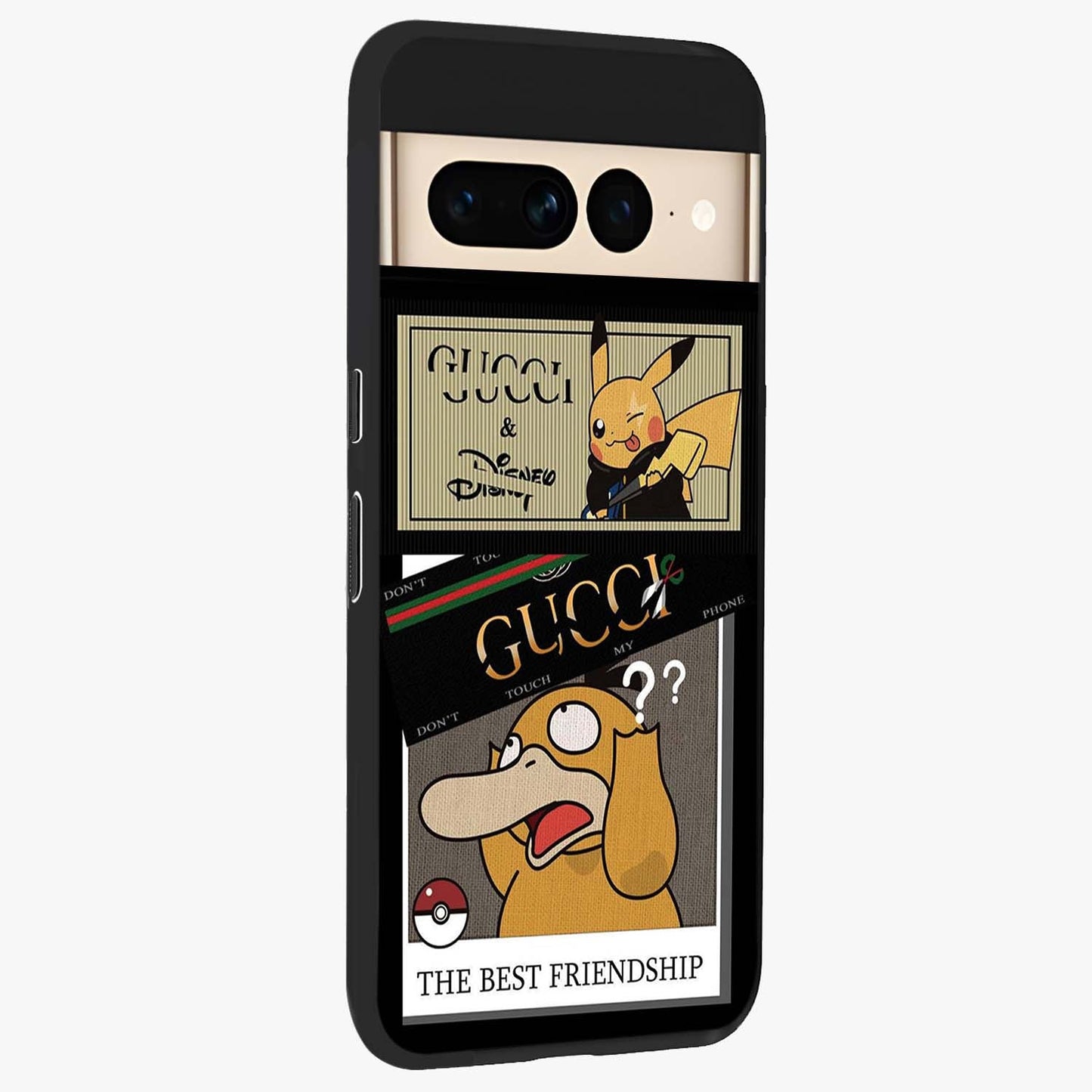 Gucci Play Mashup Glass Case upright view showcasing trendy luxury inspired artwork with modern fashion theme.
