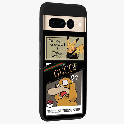 Gucci Play Mashup Glass Case upright view showcasing trendy luxury inspired artwork with modern fashion theme.