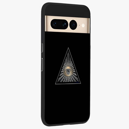 Illuminati Evil Glass Case upright view showcasing striking illuminati artwork with mysterious symbolic theme.