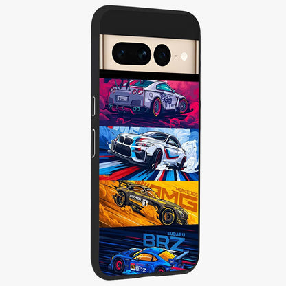JDM Sports Car Glass Case upright view showcasing dynamic sports car artwork with bold racing theme.