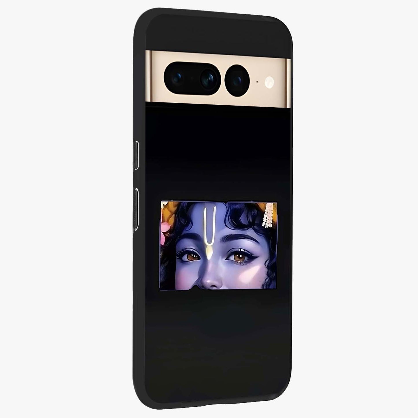 Krishna Divine Embrace Glass Case upright view showcasing sacred Krishna artwork with peaceful devotional theme.