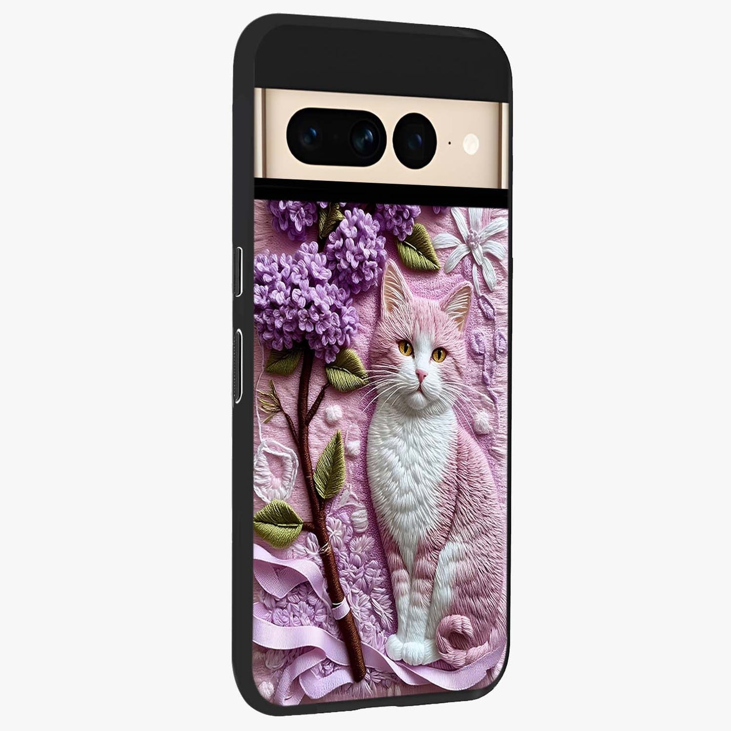 Lavender Cat Whimsy Glass Case upright view showcasing charming cat artwork with whimsical lavender theme.