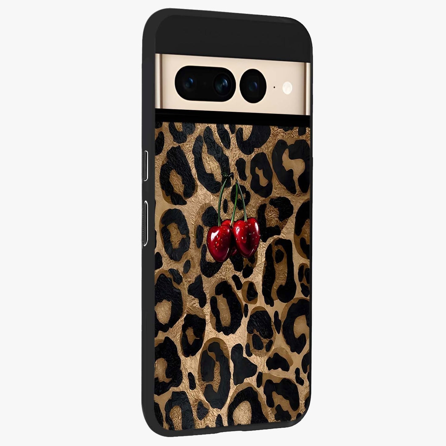 Leopard Wild Cherry Glass Case upright view showcasing stylish leopard pattern artwork with trendy fashion theme.
