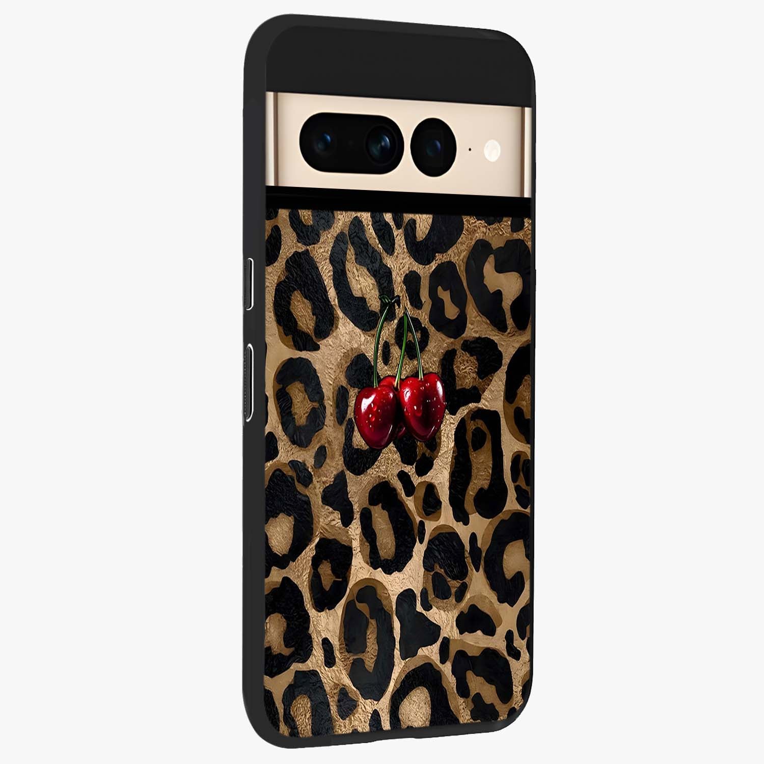 Leopard Wild Cherry Glass Case upright view showcasing stylish leopard pattern artwork with trendy fashion theme.