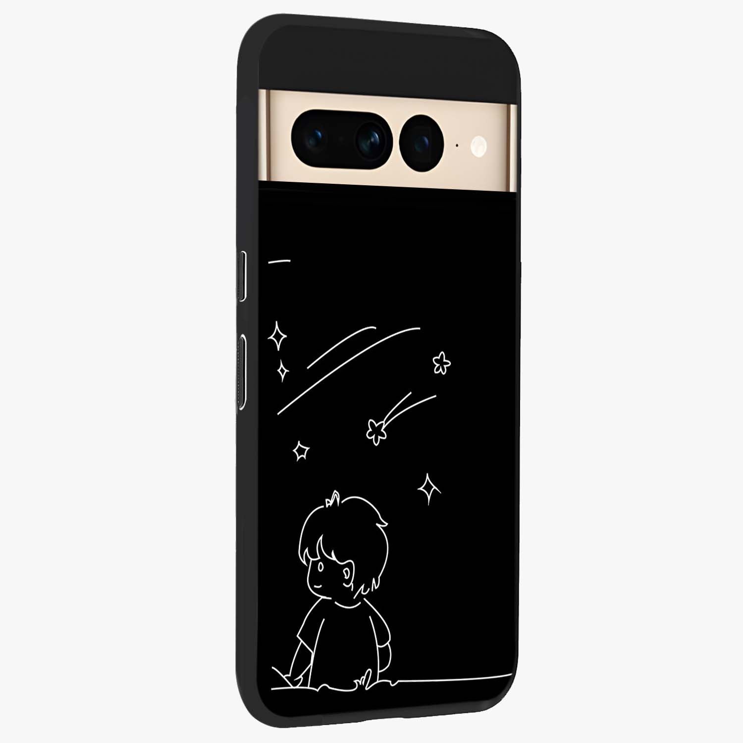 Line Art Boy With Shooting Stars Glass Case upright view showcasing artistic shooting star illustration with minimal style.