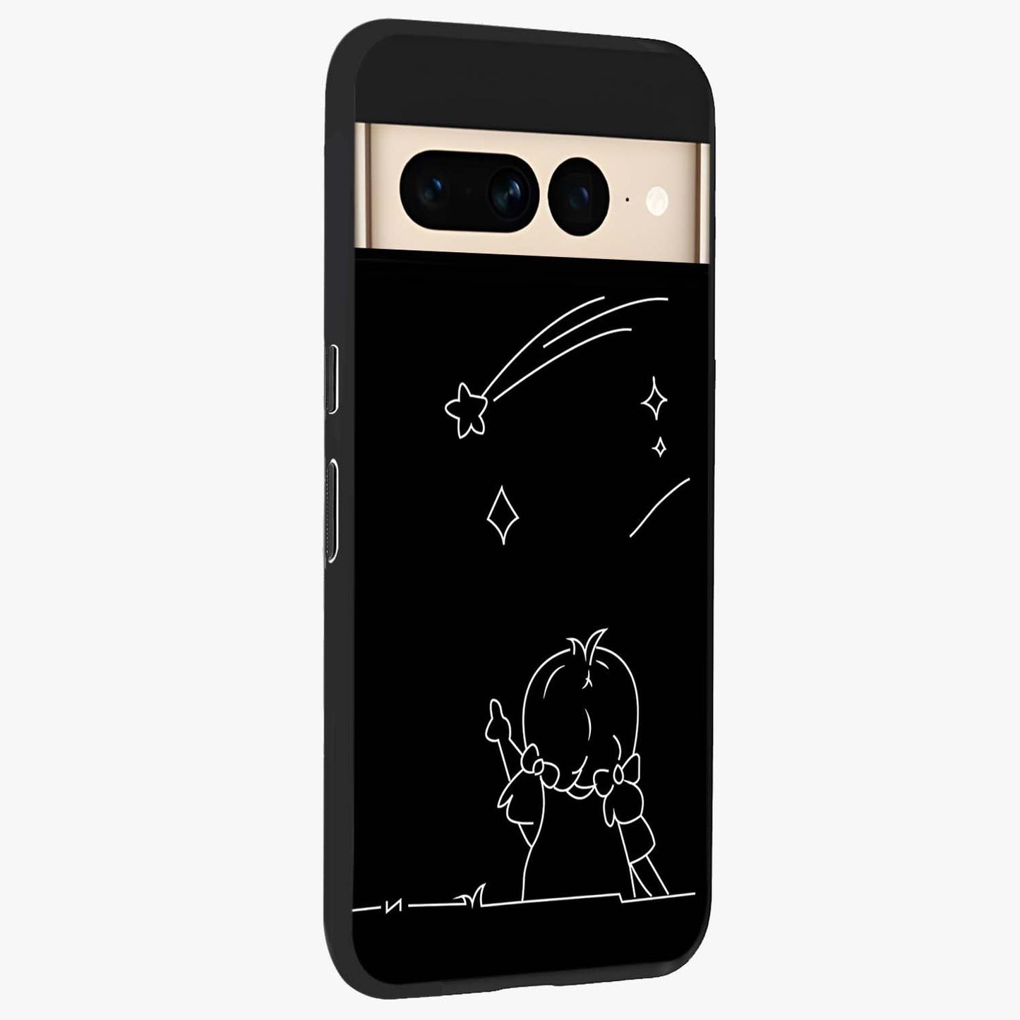 Line Art Girl With Shooting Stars Glass Case upright view showcasing delicate shooting stars artwork with minimal artistic theme.