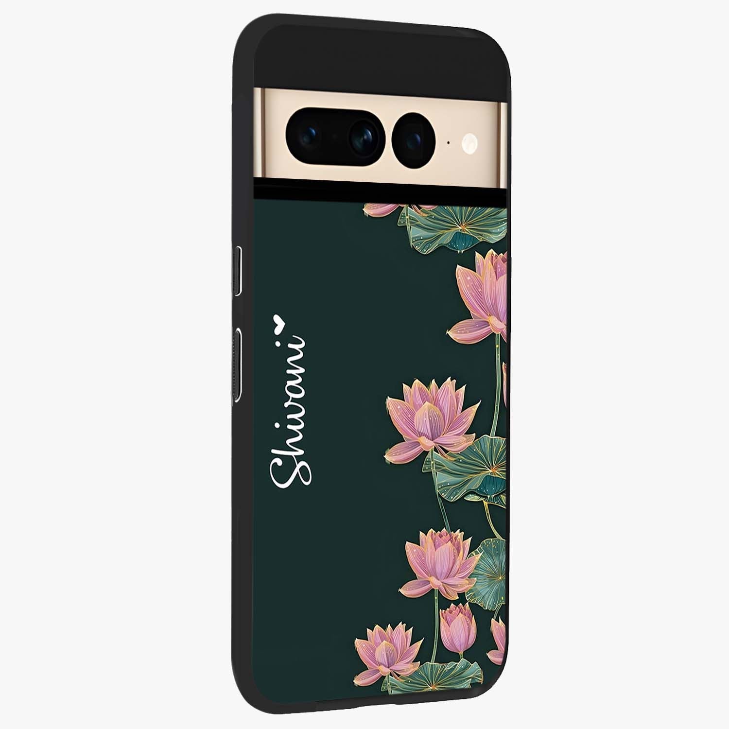 Lotus Bloom Serenity Custom Name Glass Case upright view showcasing serene lotus bloom artwork with personalized floral aesthetic.