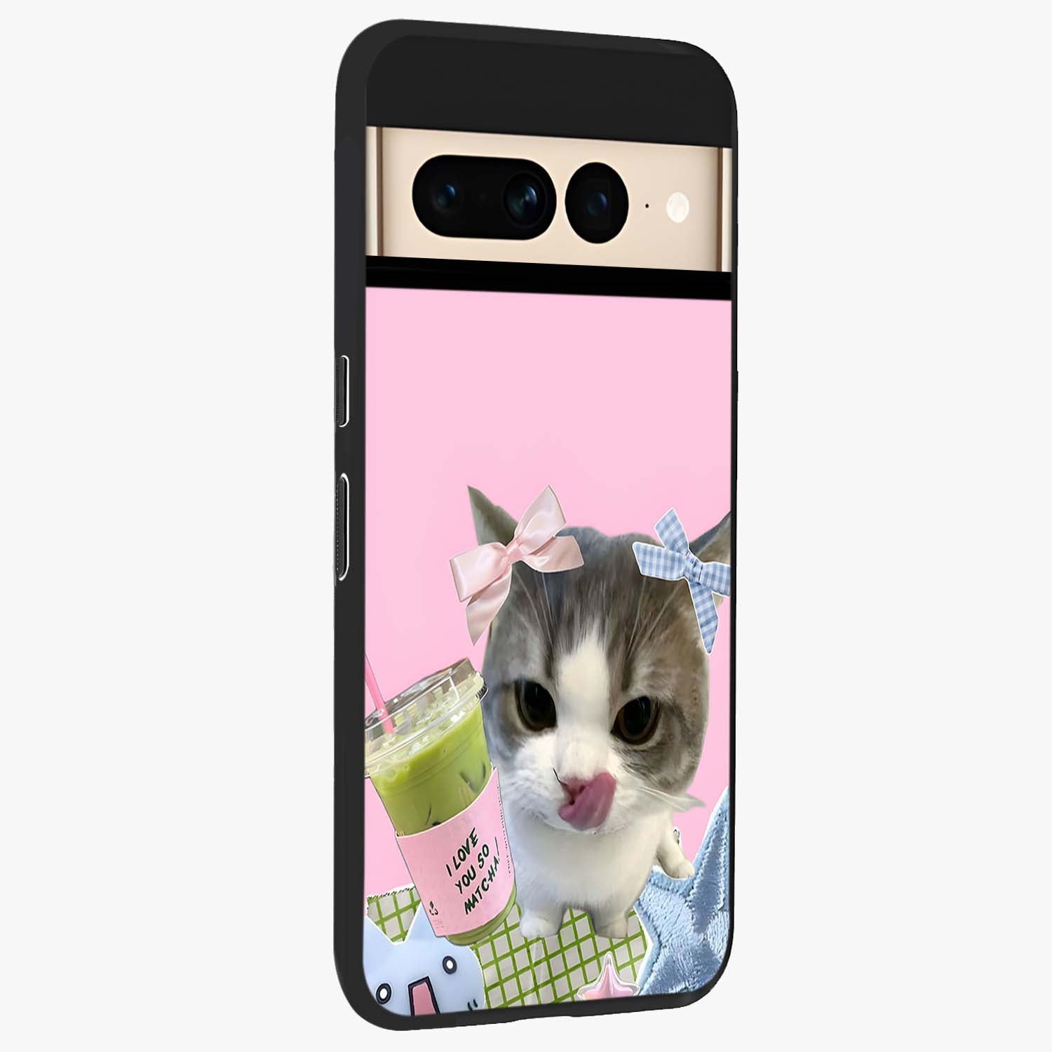 Love Matcha Cat Glass Case upright view showcasing adorable cat artwork with charming matcha themed design.