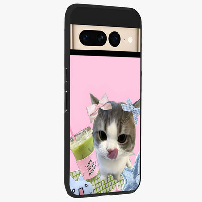 Love Matcha Cat Glass Case upright view showcasing adorable cat artwork with charming matcha themed design.