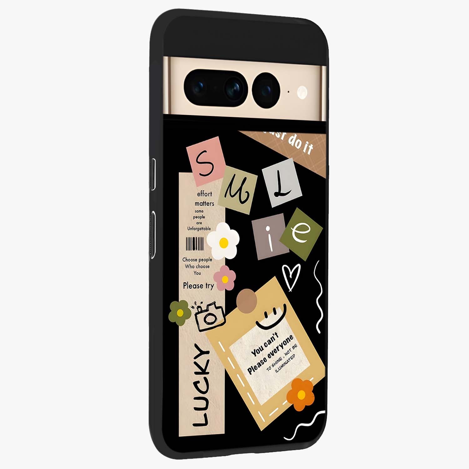 Lucky Aesthetic Collage Glass Case upright view showcasing vibrant collage artwork with youthful aesthetic theme.
