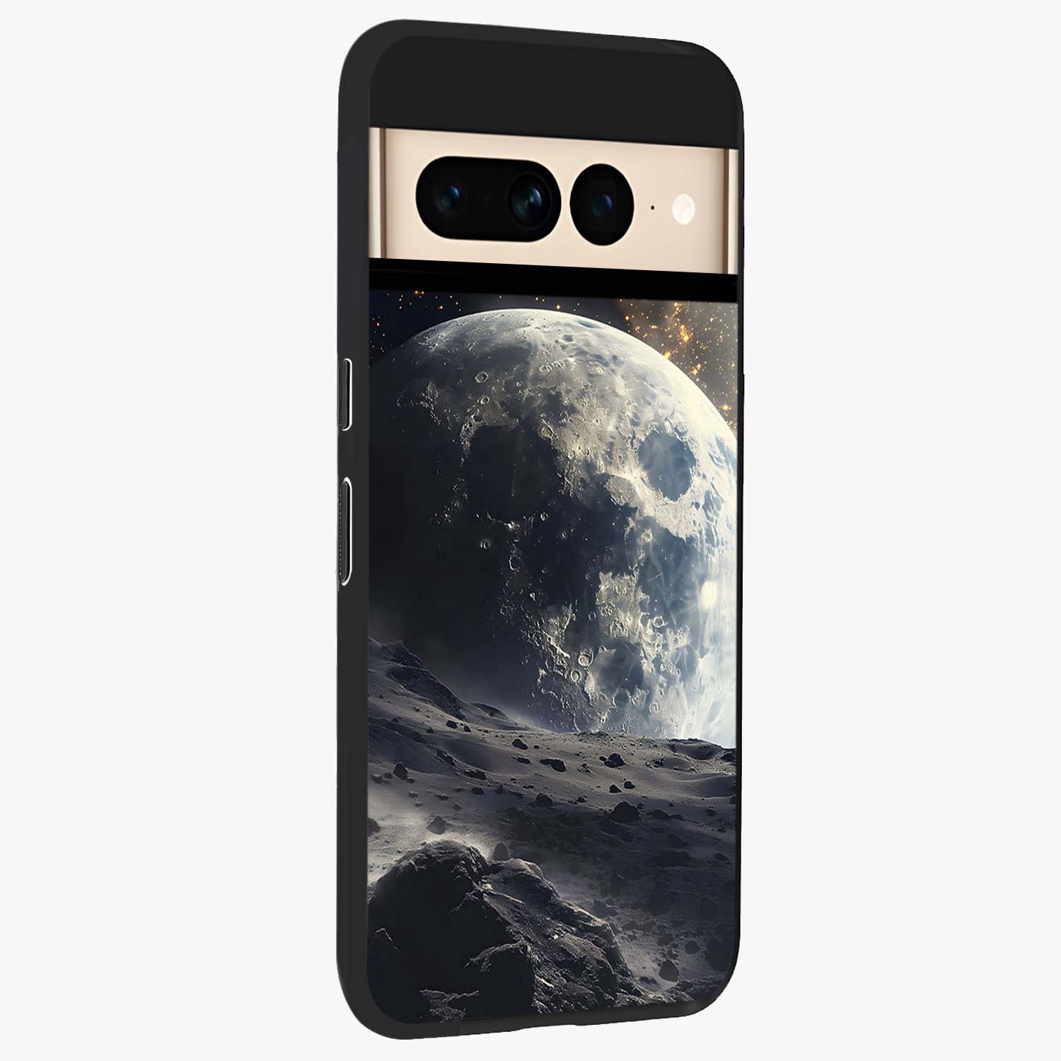 Lunar Horizon Glow Glass Case upright view showcasing radiant lunar artwork with calm cosmic theme.