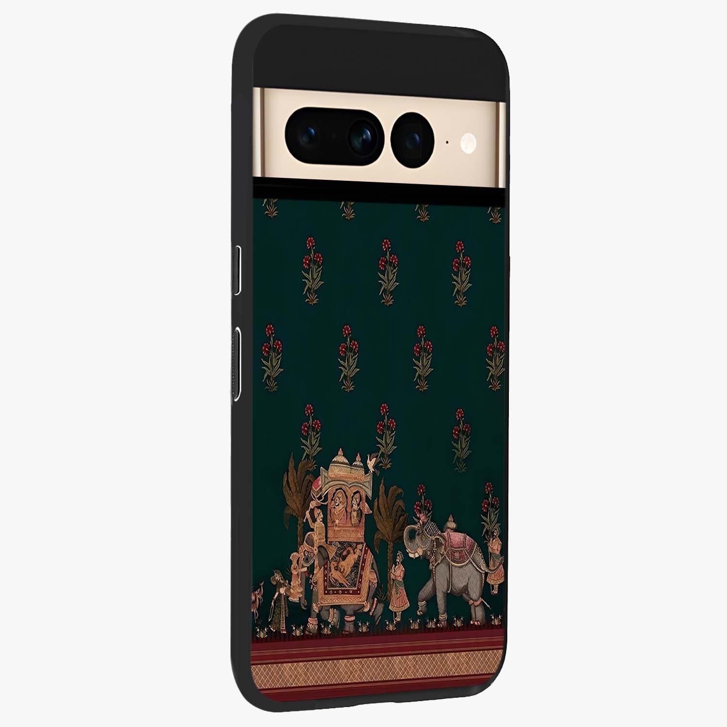 Macmerise Glass Case upright view showcasing bold artistic artwork with contemporary design theme.