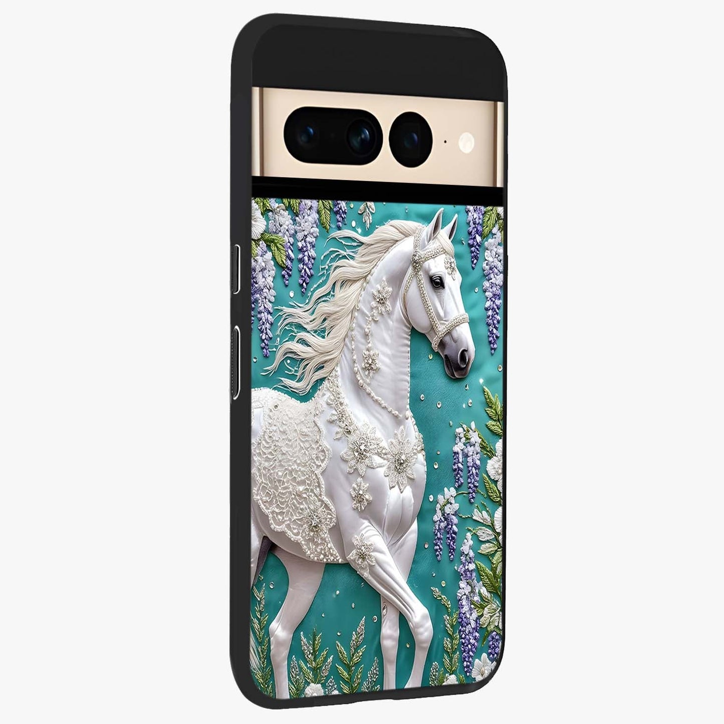 Majestic Floral Stallion Glass Case upright view showcasing dramatic horse artwork with decorative floral theme.