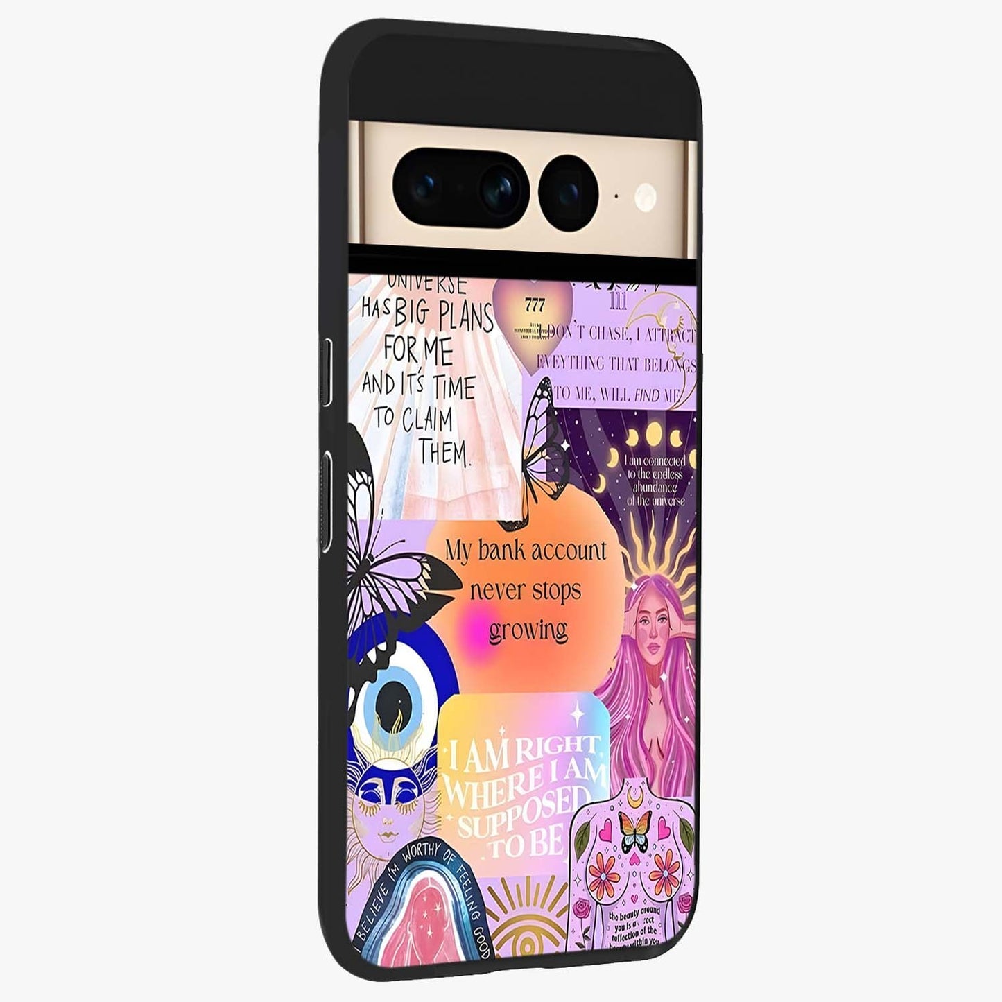 Manifestation Collage Glass Case upright view showcasing artistic manifestation themed artwork with creative style.