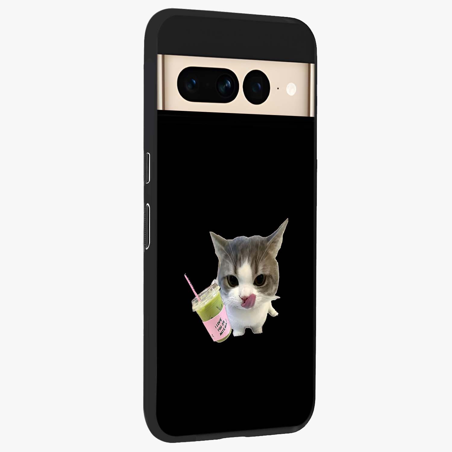 Matcha Cat Style Glass Case upright view showcasing charming cat artwork with cozy aesthetic theme.