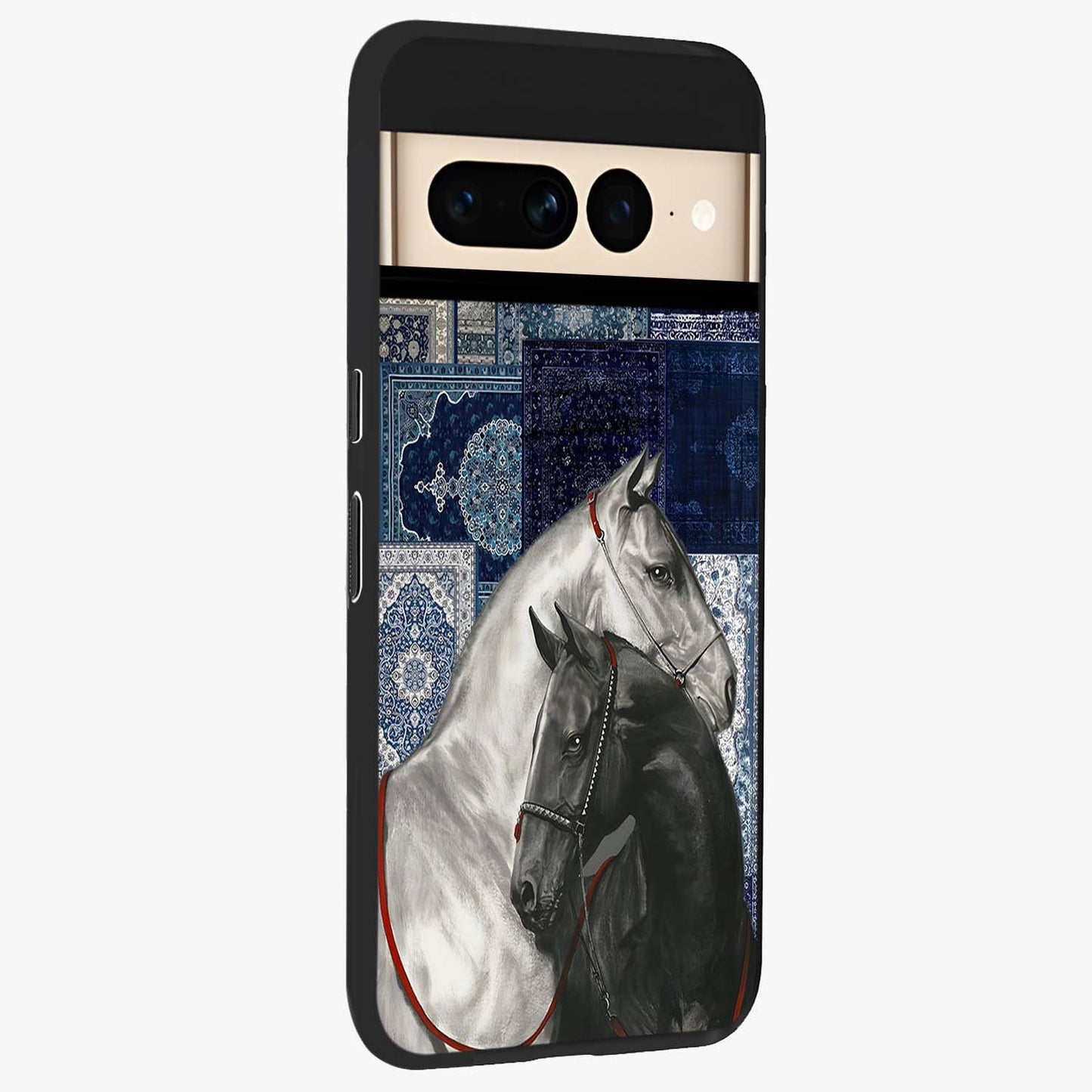 Midnight Stallion Blues Glass Case upright view showcasing dramatic horse artwork with bold artistic theme.