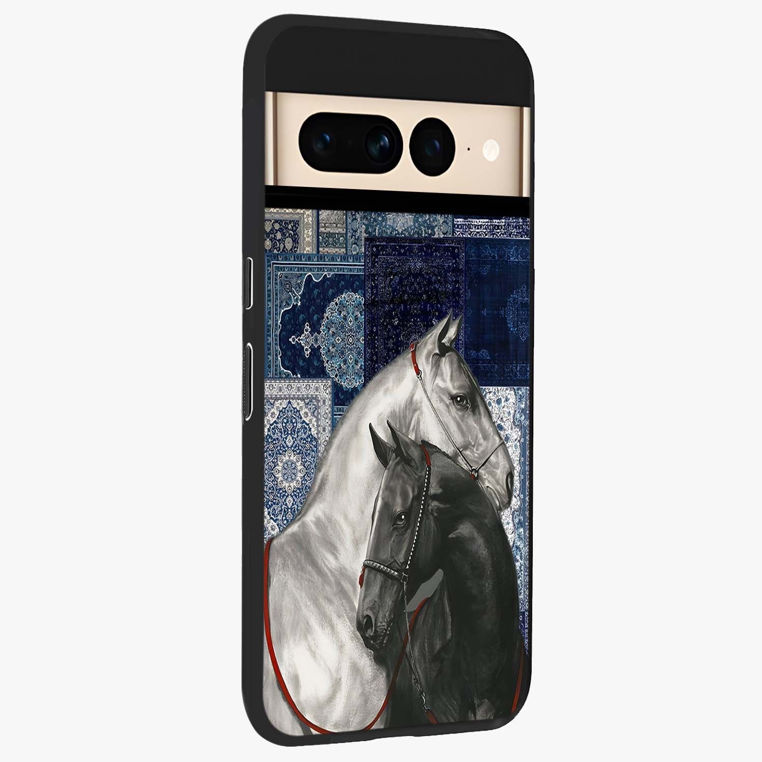 Midnight Stallion Blues Glass Case upright view showcasing dramatic horse artwork with bold artistic theme.