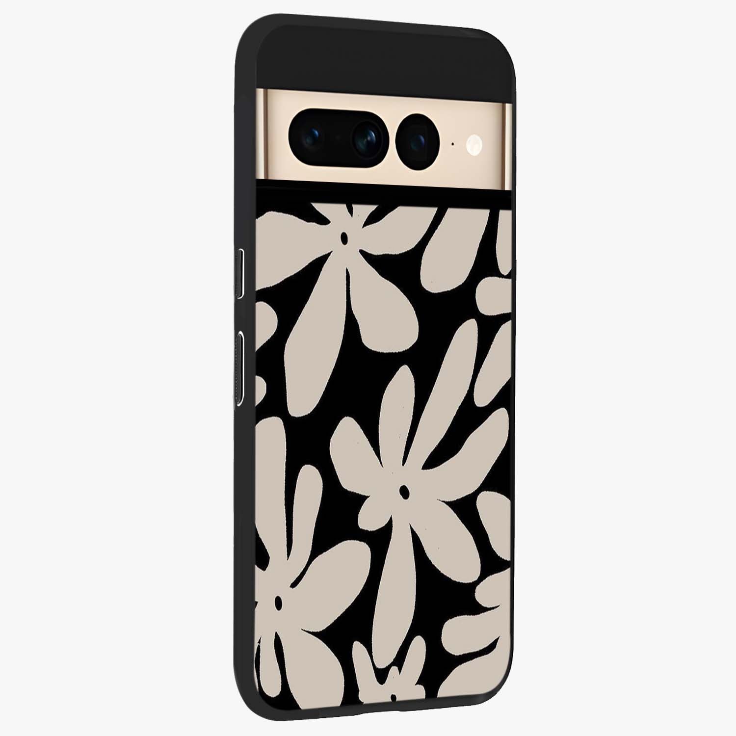 Monochrome Petal Dance Glass Case upright view showcasing artistic floral pattern with stylish monochrome theme.