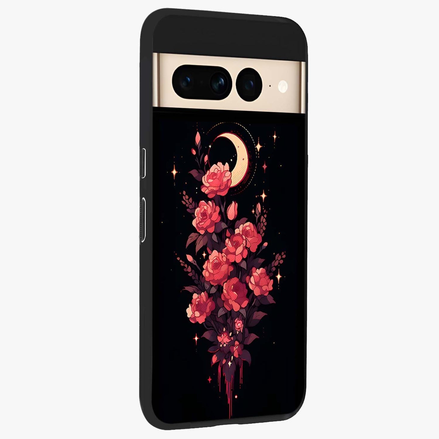 Moonlit Floral Elegance Glass Case upright view showcasing delicate floral artwork with refined night inspired theme.
