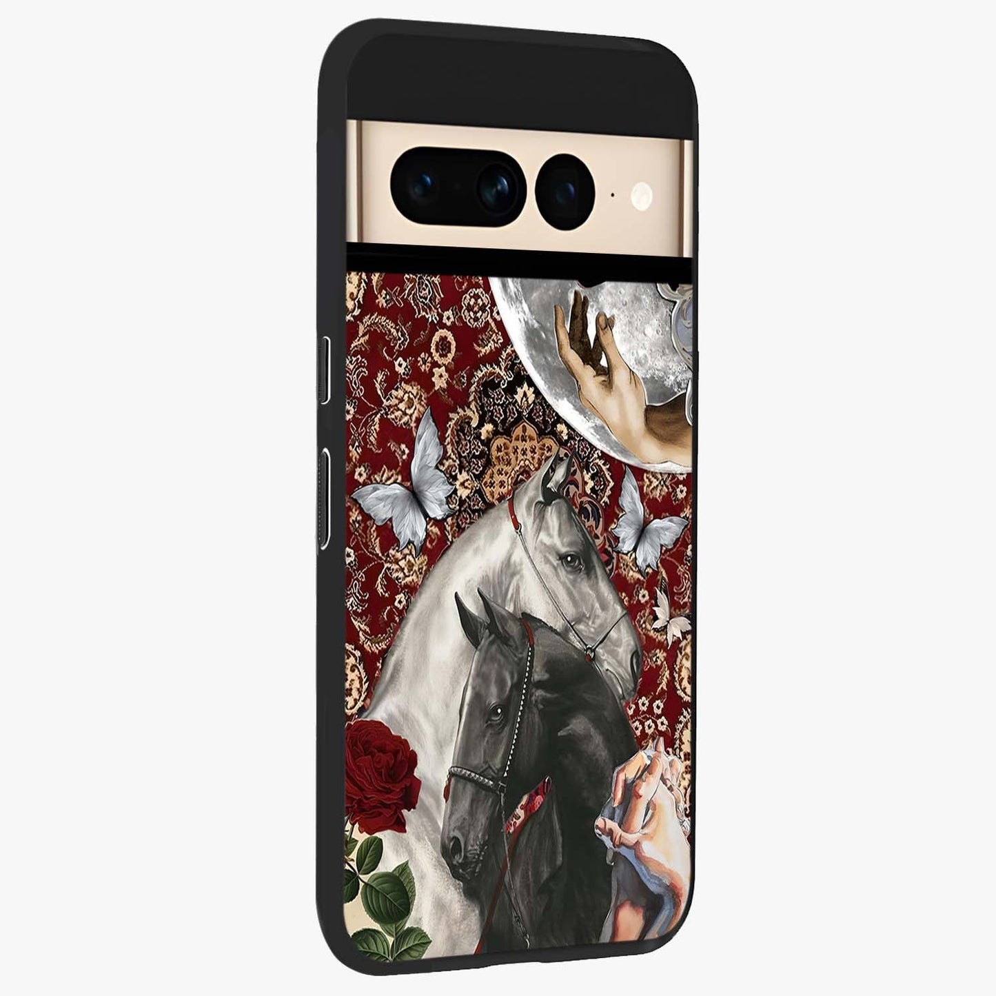 Moonlit Royal Stallion Glass Case upright view showcasing dramatic horse artwork with glowing moon themed design.