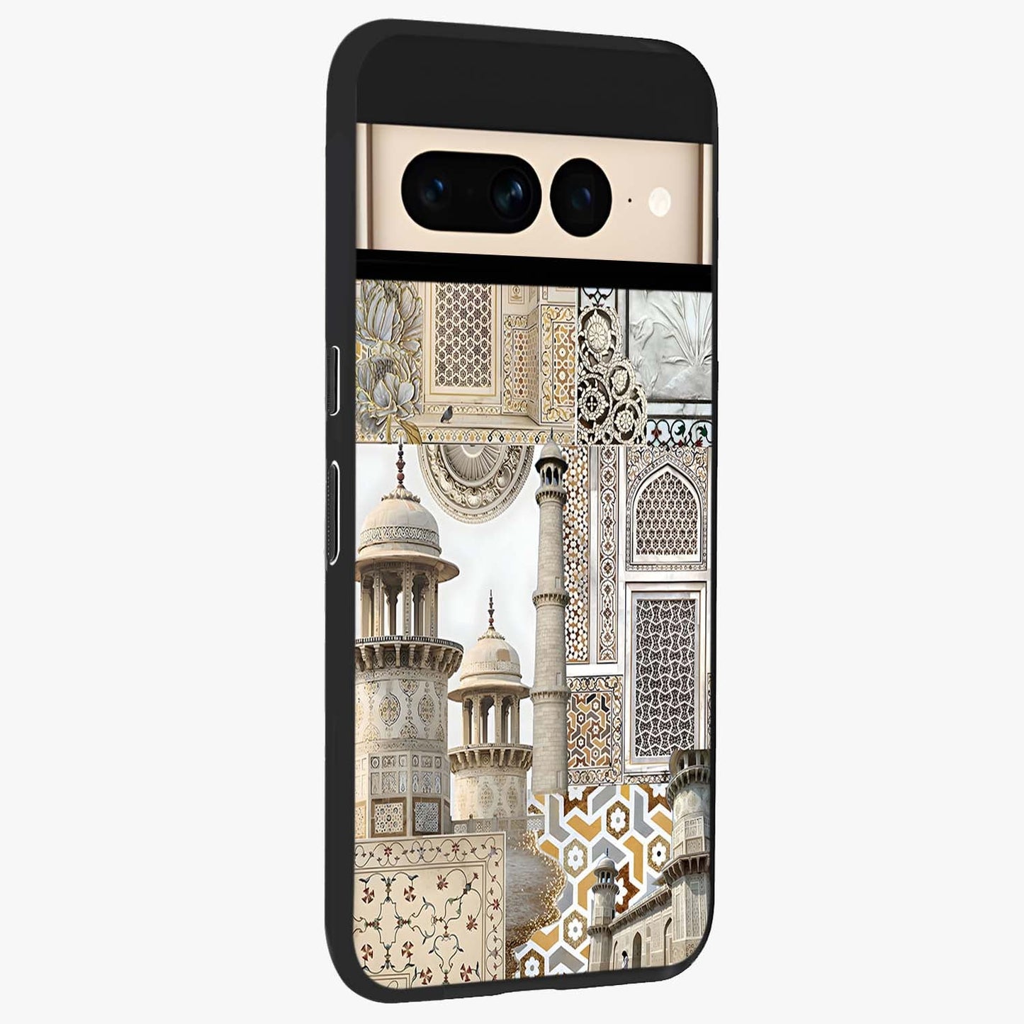 Mughal Marble Legacy Glass Case upright view showcasing ornate Mughal design with luxurious traditional theme.