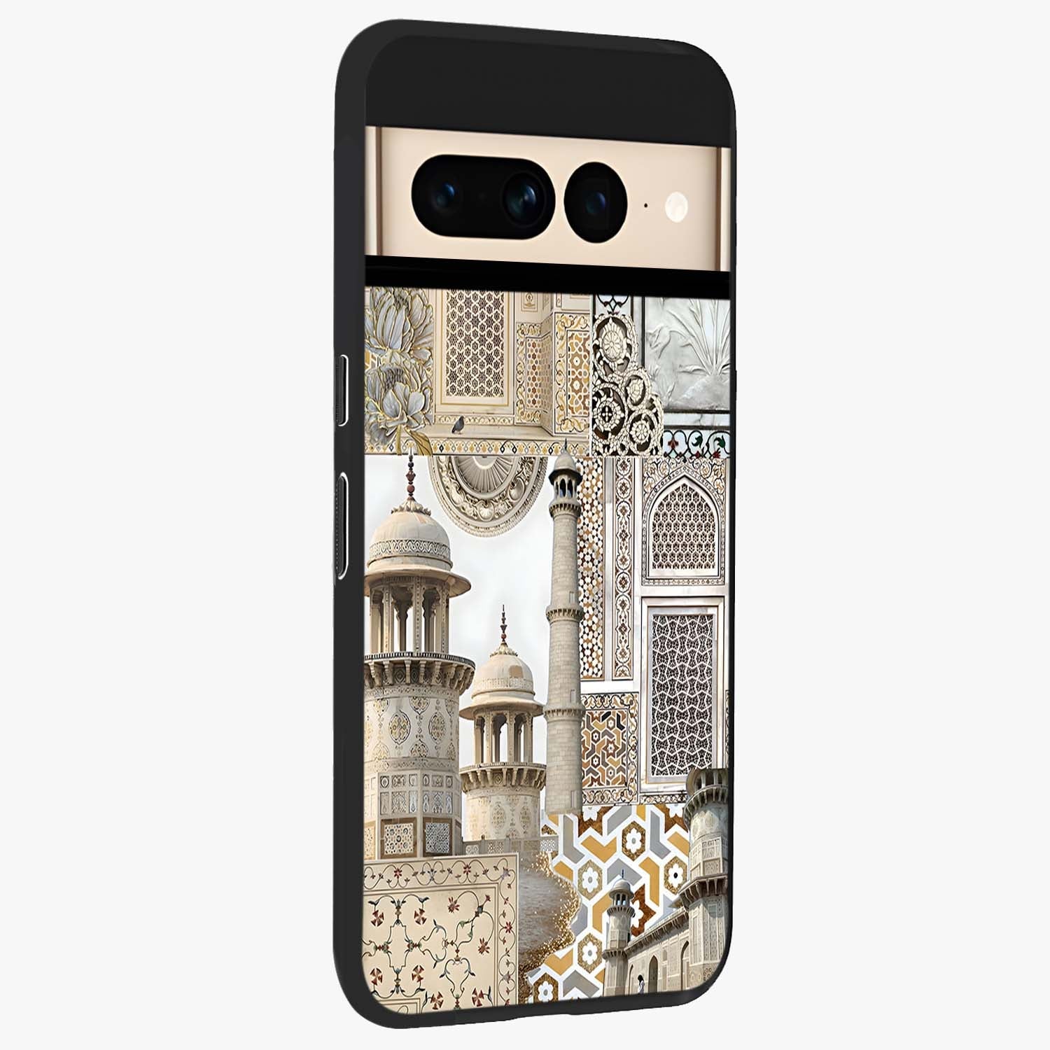 Mughal Marble Legacy Glass Case upright view showcasing ornate Mughal design with luxurious traditional theme.