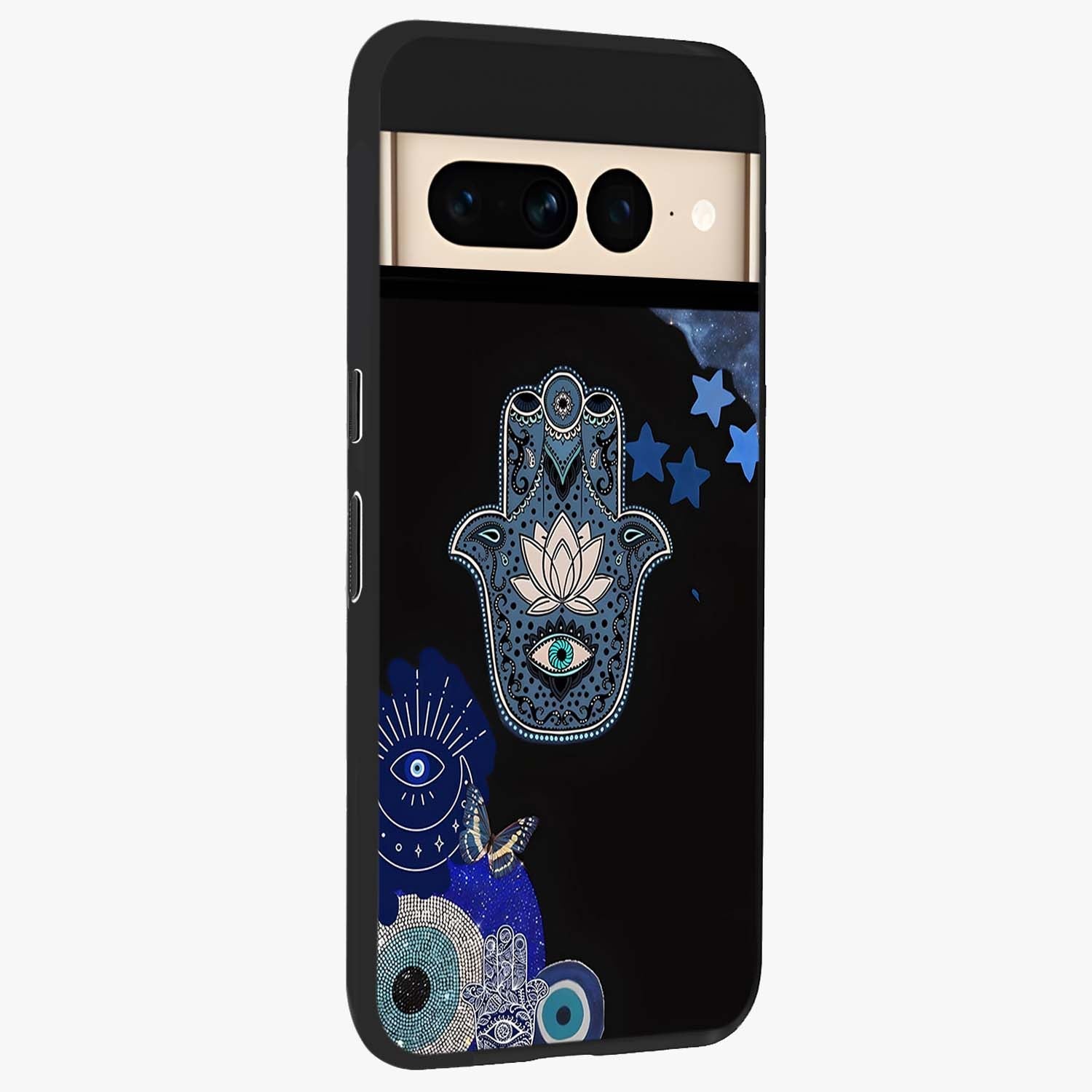 Mystic Hand Aura Glass Case upright view showcasing symbolic hand artwork with mystical energy theme.