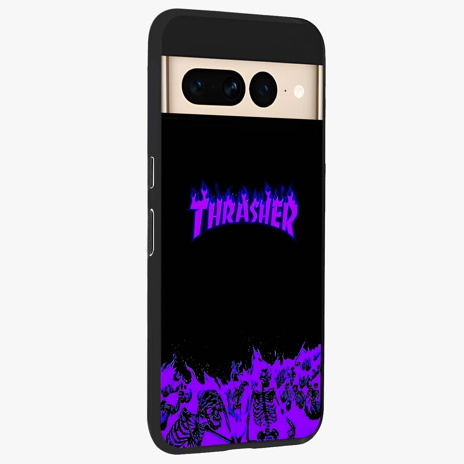 Neon Flame Riot Glass Case upright view showcasing dynamic flame artwork with energetic neon theme.