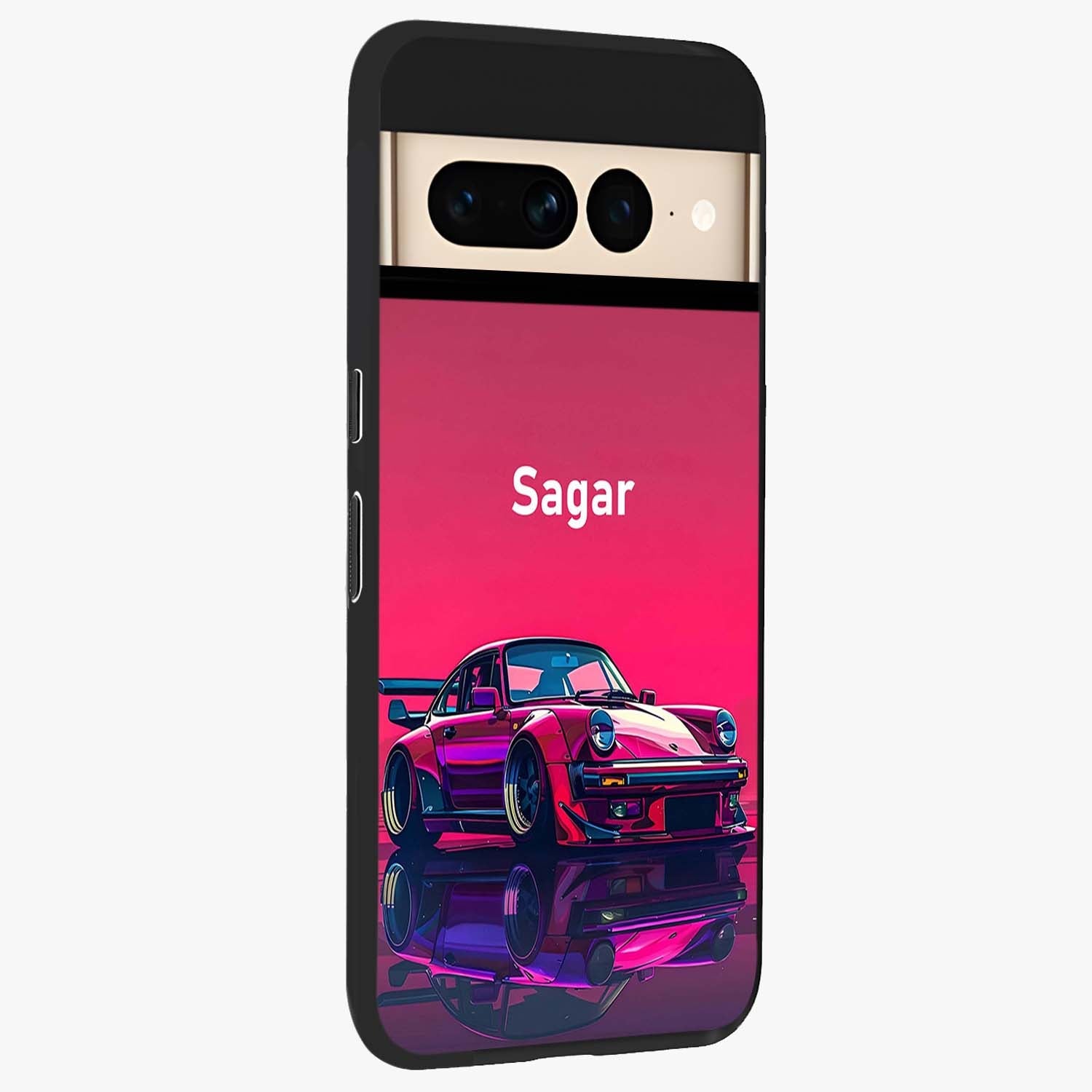 Neon Pink Porsche Glass Case upright view showcasing vibrant sports car artwork with bold automotive theme.