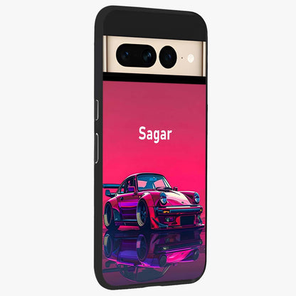 Neon Pink Porsche Glass Case upright view showcasing vibrant sports car artwork with bold automotive theme.