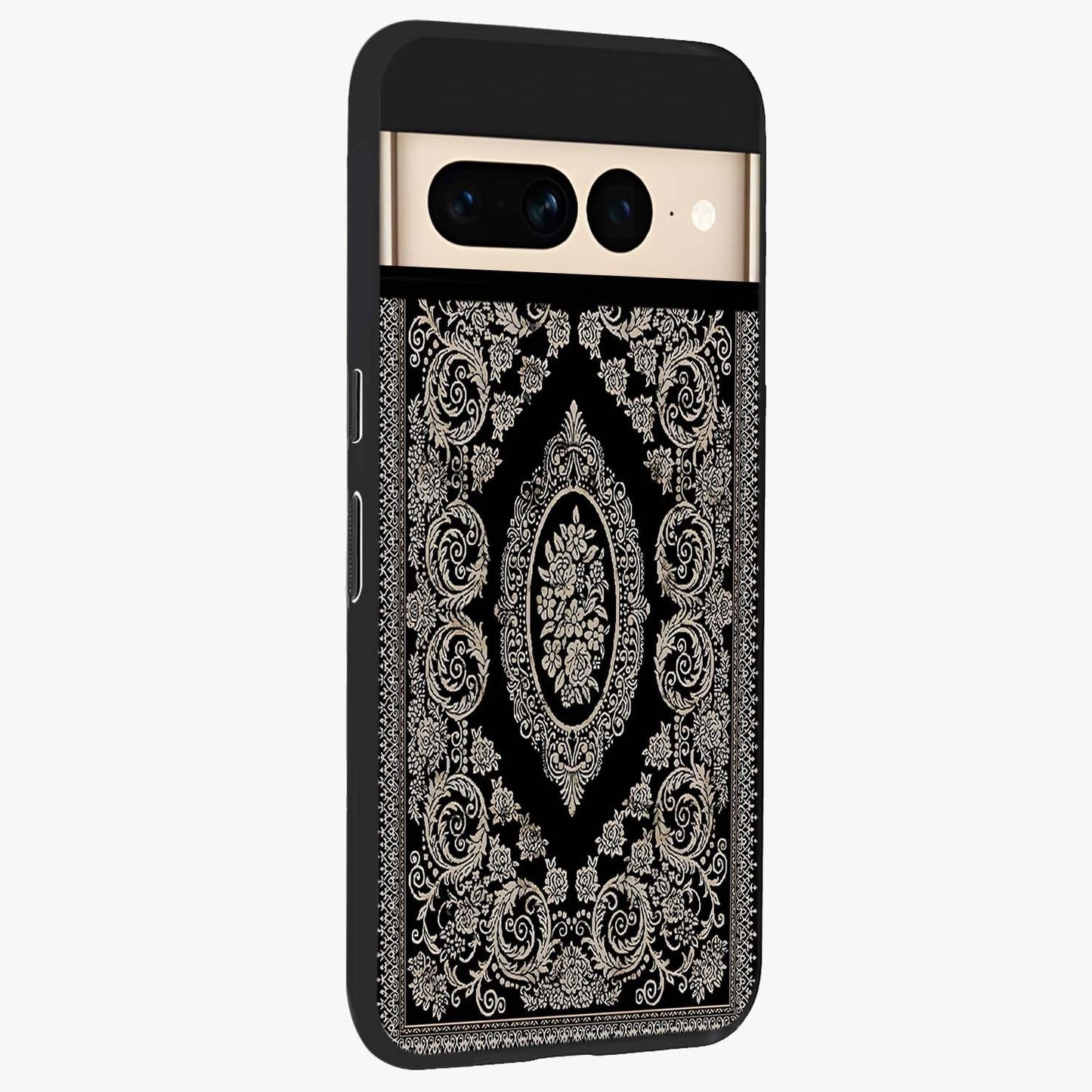 Noir Bloom Elegance Glass Case upright view showcasing graceful floral artwork with luxurious dark theme.