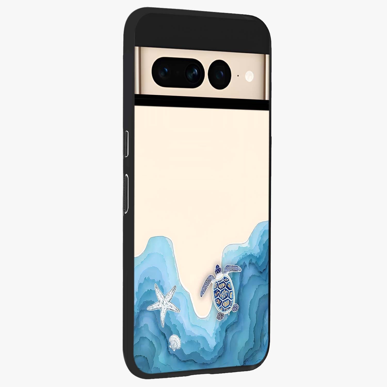 Ocean Drift Turtle Glass Case upright view showcasing calm underwater turtle artwork with nature inspired theme.