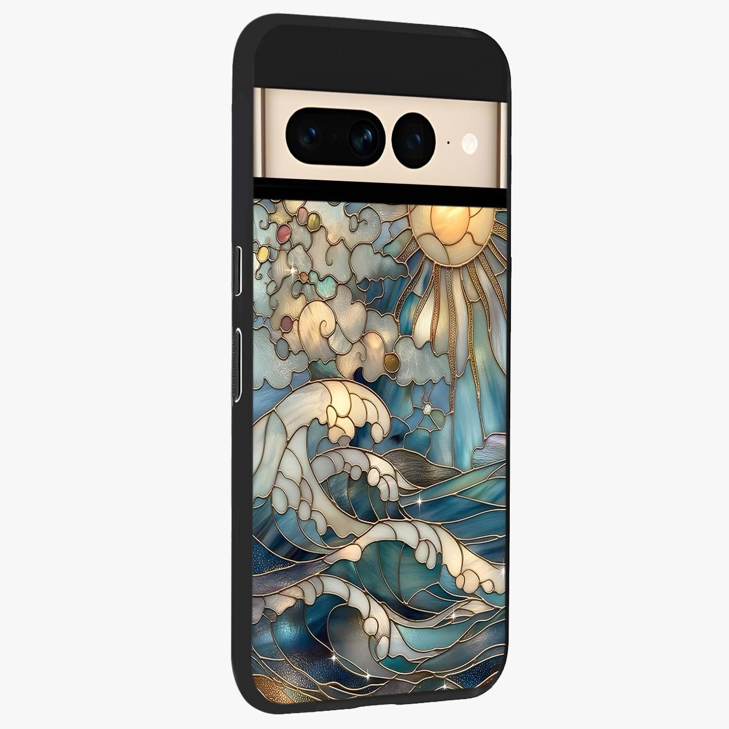 Oceanic Stained Printed Glass Case upright view showcasing decorative ocean pattern artwork with vibrant marine theme.