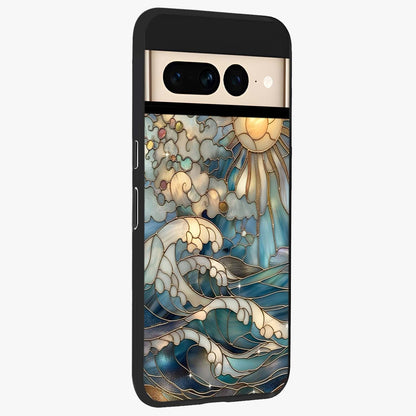 Oceanic Stained Printed Glass Case upright view showcasing decorative ocean pattern artwork with vibrant marine theme.